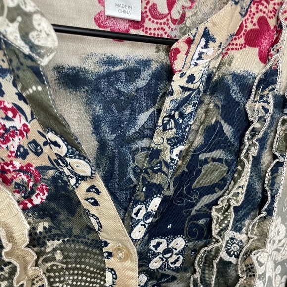Christopher & banks multi color floral button down shirt with ruffles - Picture 3 of 11